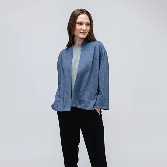 Ministry of Supply Fusion Terry Cardigan Sweater Merino Wool Indigo Heather Sz S - Picture 1 of 7